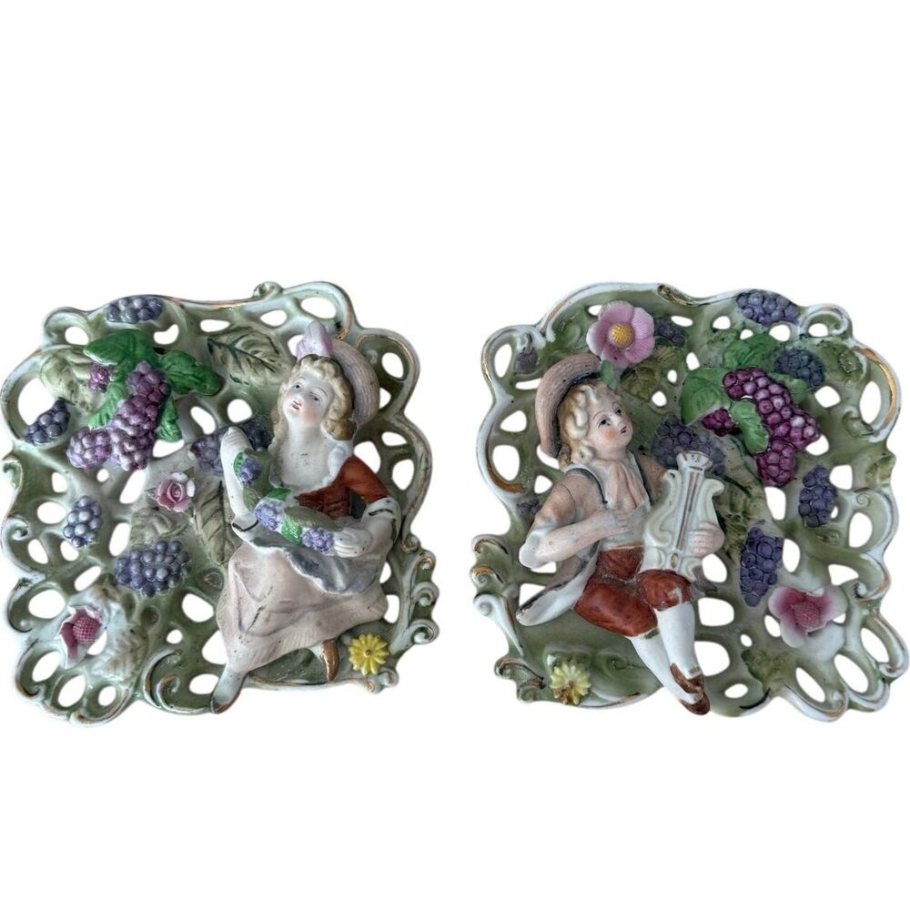 Vintage Chase Japan Porcelain Wall Plaques Victorian Couple Bisque Pair 1950s